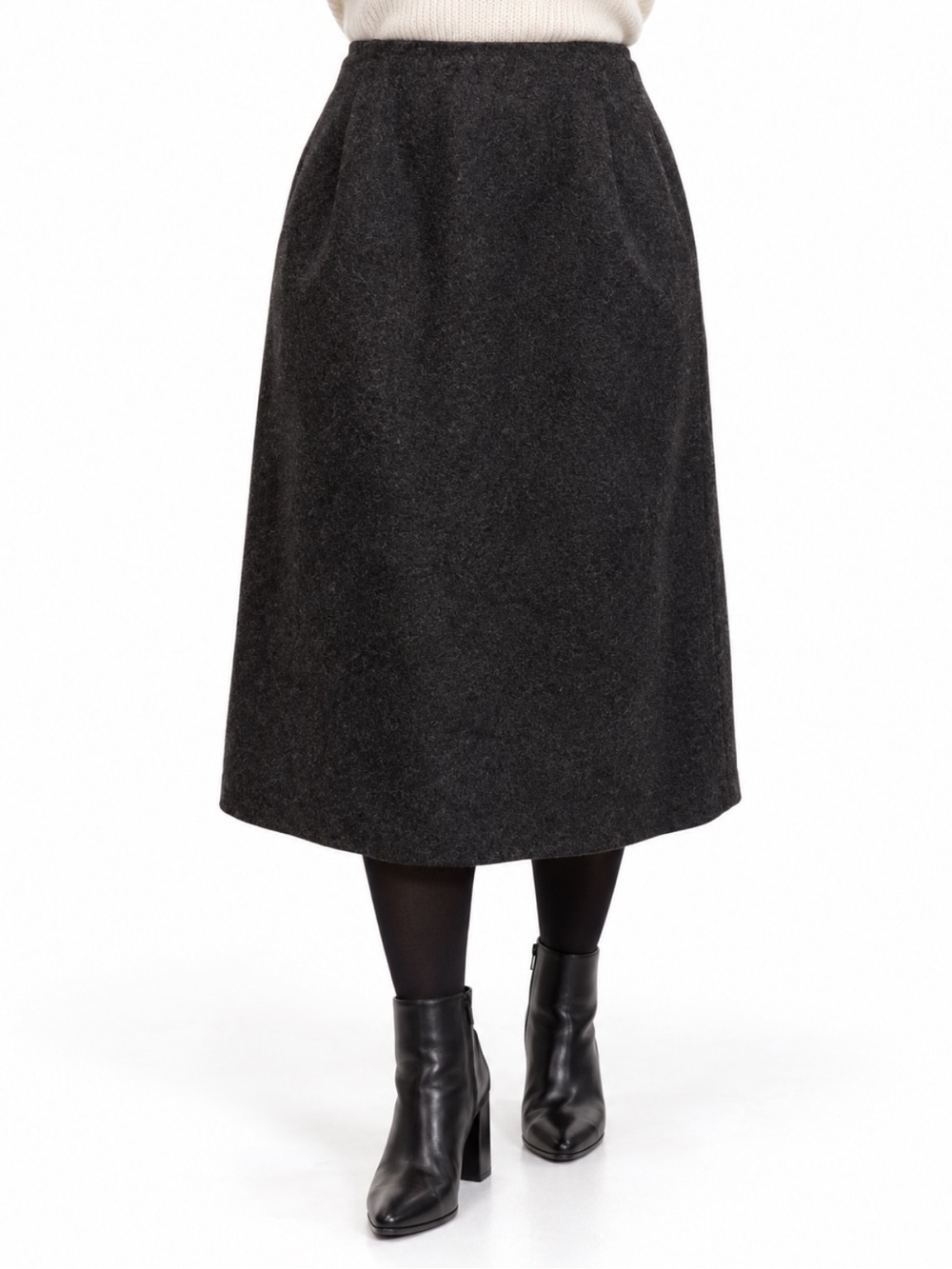 Jaeger London 100% Wool Charcoal Grey A-Line Midi Skirt Size large Preppy Chic